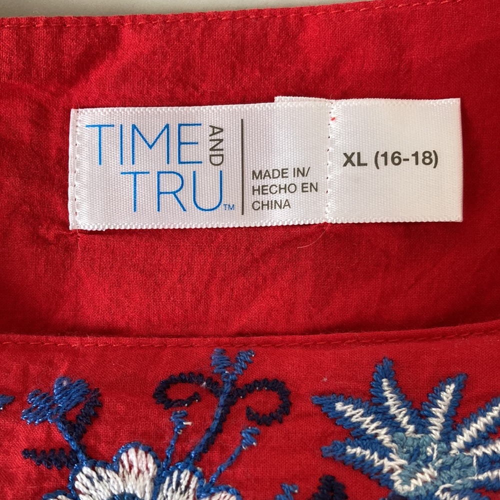 Time and Tru Red Boho Embroidered Linen BlendTop - Picture 7 of 10